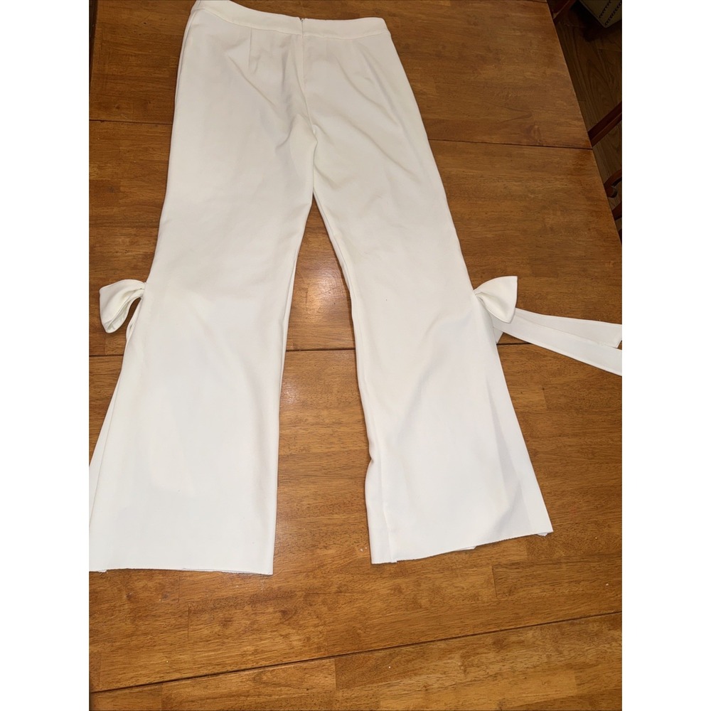 Posh Couture Off White Flare Leg Pants Bow Tie Side Slit Wide Leg L Retail 249 - Picture 8 of 11